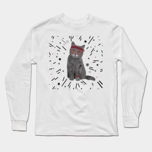 Hand drawn hipster cat with stars pattern Long Sleeve T-Shirt